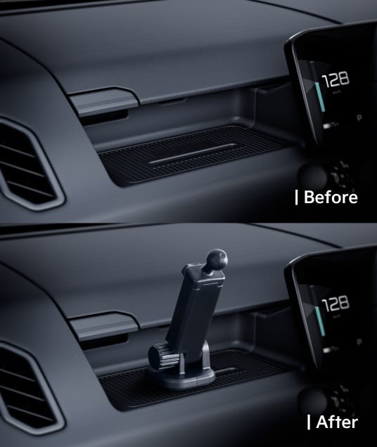 Armaturenbrett-Ansicht mit und ohne montiertem Handyhalter am AddGear